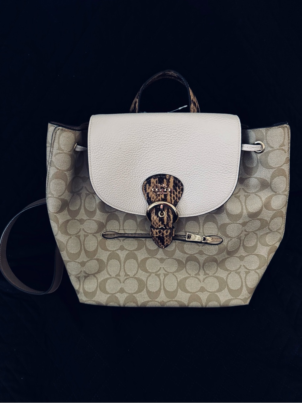 Coach Beige Signature Canvas Backpack with White Flap and Leopard Accent